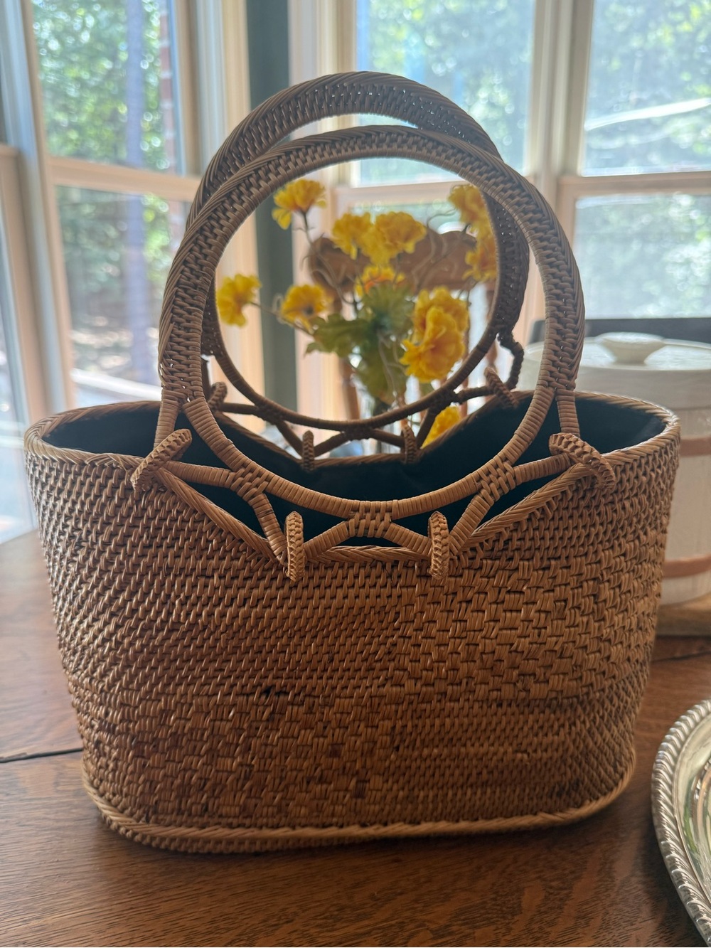 Handwoven Rattan Top Handle Bag – Bali Ata Grass, Batik Lined Summer Bag Boho